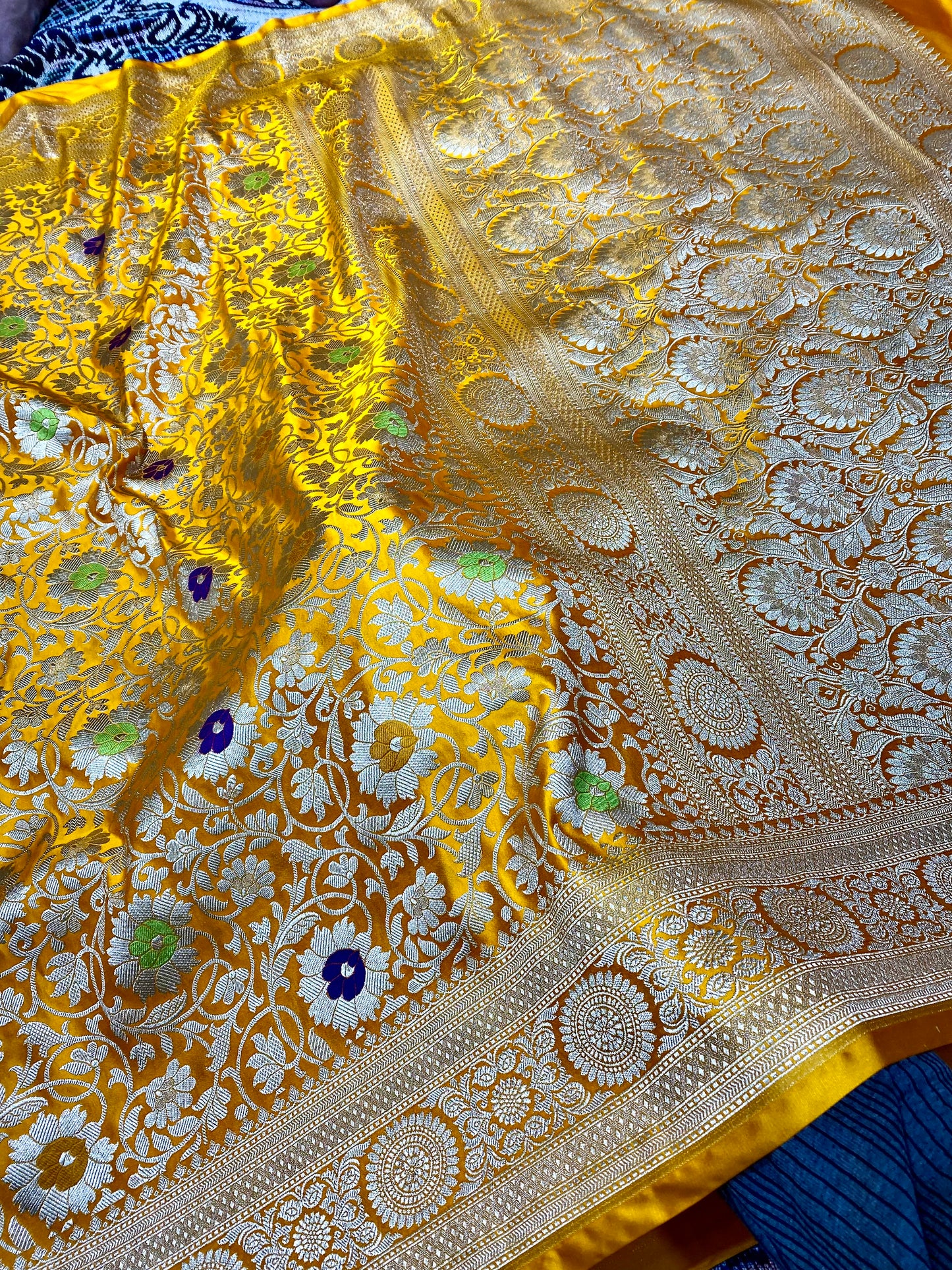 Luxury Mashru Katan Silk Mustard Yellow Banarasi Saree with Intricate Gold Zari Weaving Mashru Katan Silk Banarasi Saree