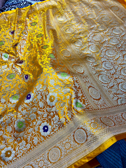 Luxury Mashru Katan Silk Mustard Yellow Banarasi Saree with Intricate Gold Zari Weaving Mashru Katan Silk Banarasi Saree