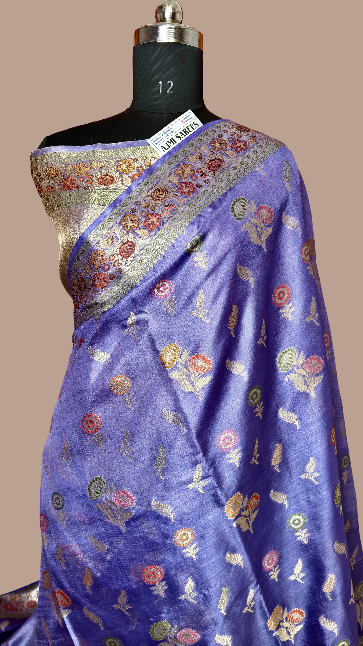 Lavender pure tussar silk Banarasi saree with floral zari booti motifs