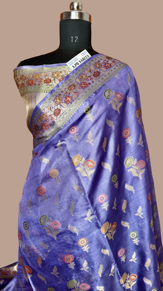 Lavender pure tussar silk Banarasi saree with floral zari booti motifs