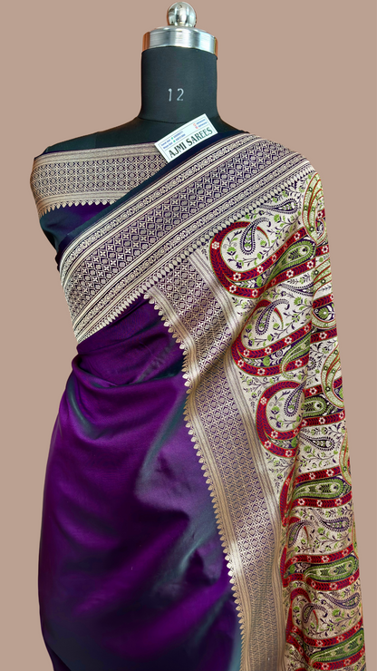 deep royal purple banarasi katan silk saree with tilfi paisley pallu