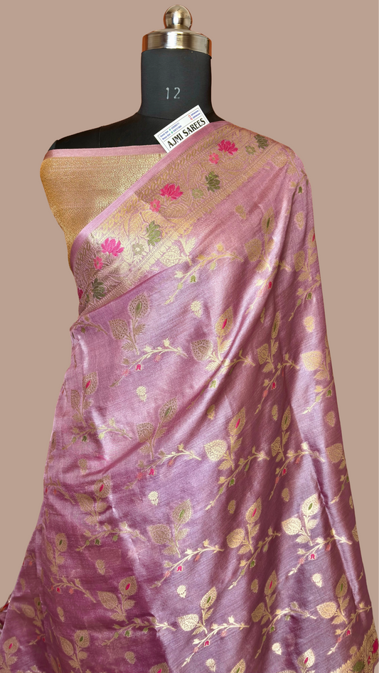 Dusty rose pink pure tussar silk Banarasi saree with floral zari motifs