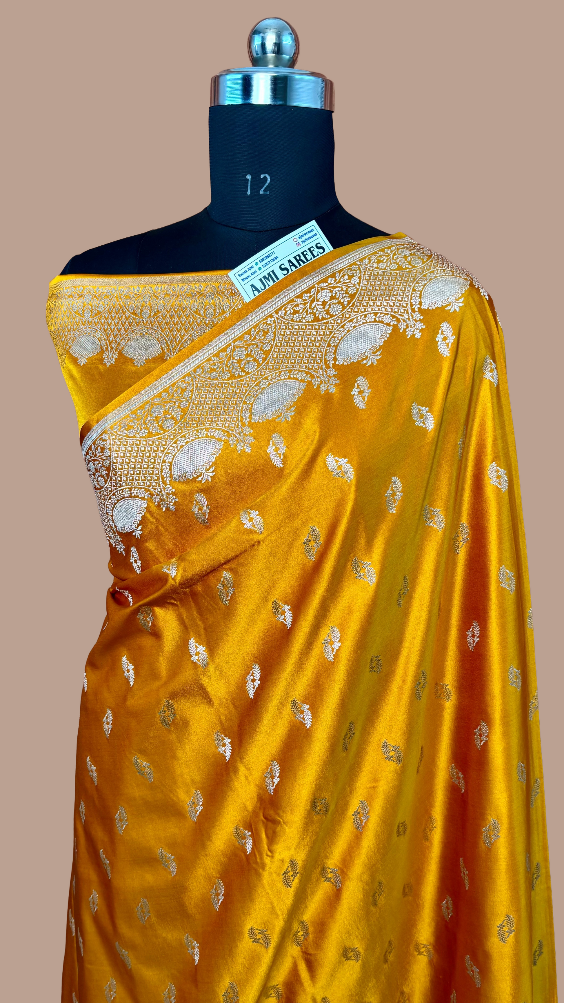 mustard yellow mashru katan silk banarasi saree with zari booti