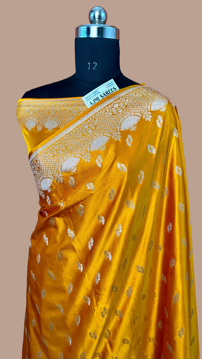 mustard yellow mashru katan silk banarasi saree with zari booti
