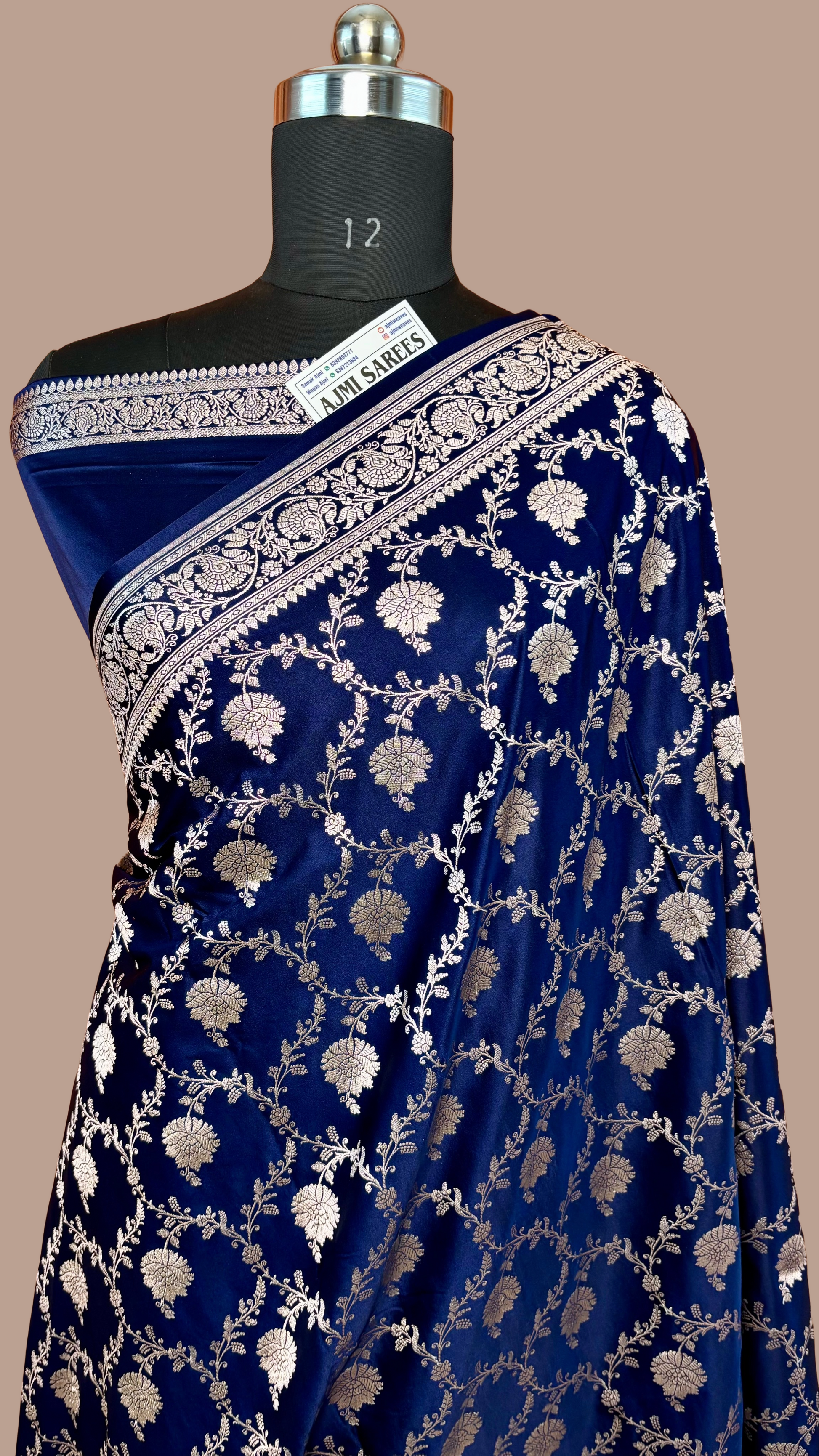navy blue mashru katan silk banarasi saree with floral zari jaal