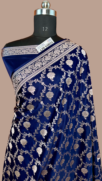 navy blue mashru katan silk banarasi saree with floral zari jaal