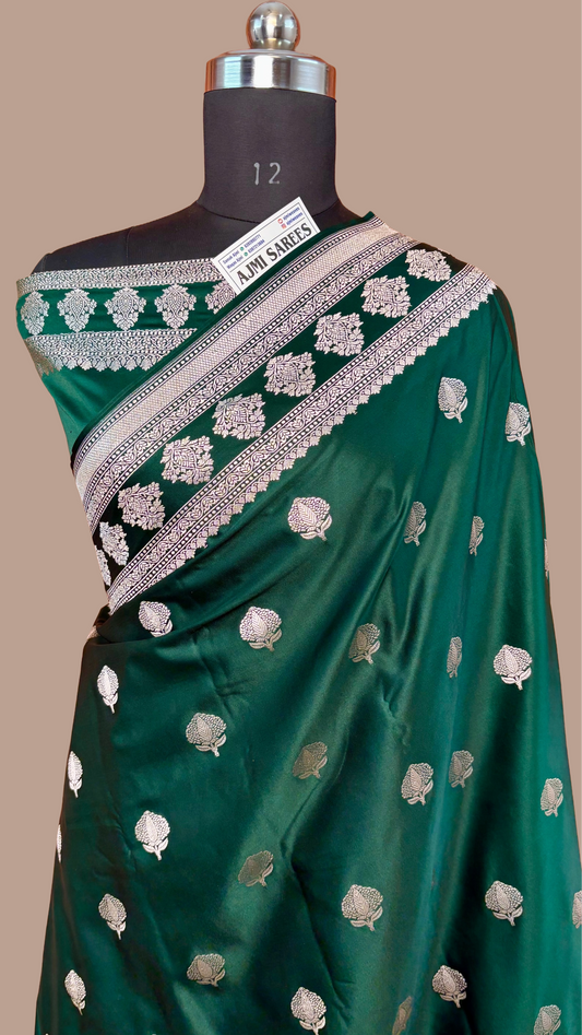 bottle green mashru katan silk banarasi saree with zari booti