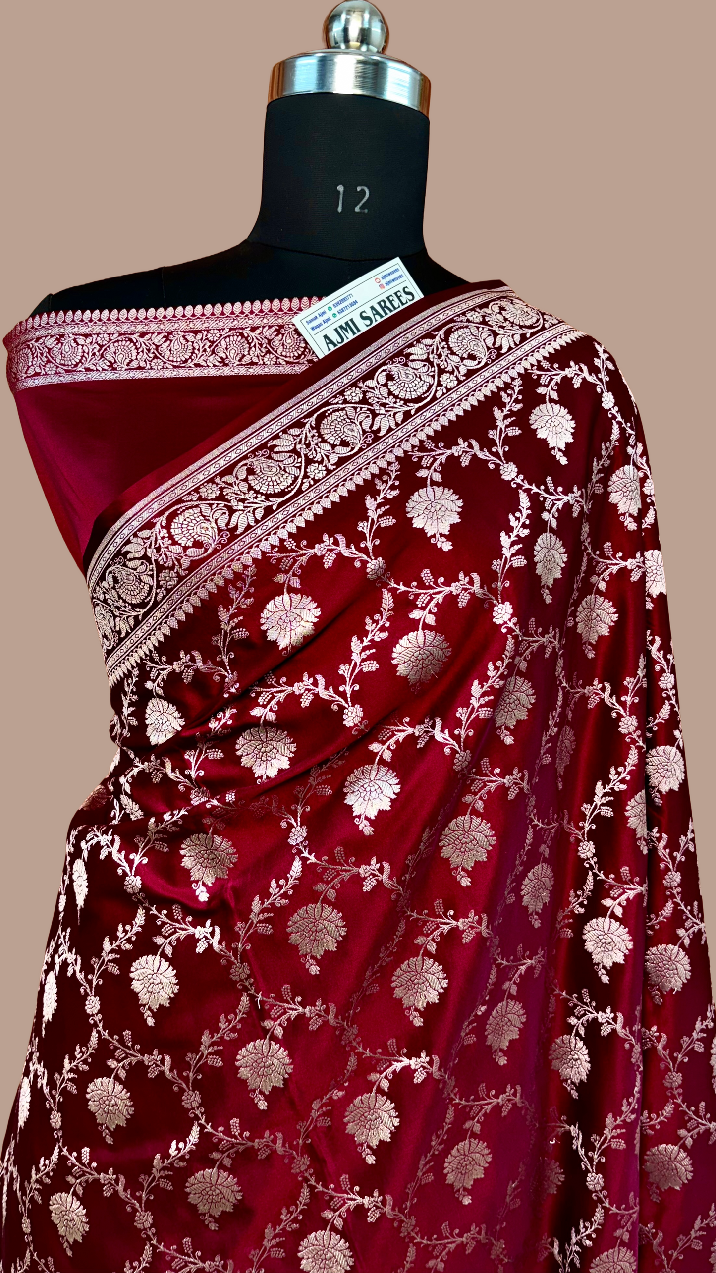 maroon mashru katan silk banarasi saree with floral zari jaal