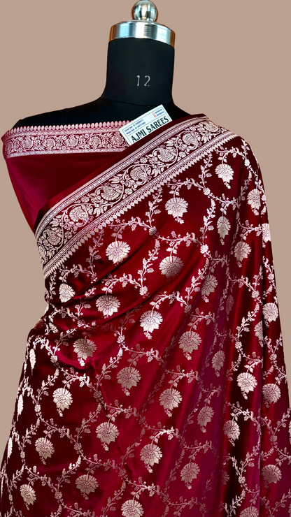 maroon mashru katan silk banarasi saree with floral zari jaal