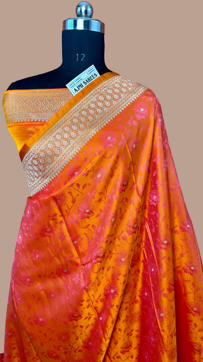 Mashru Katan Silk Rani & Magenta Dual Shade Banarasi Saree with Rich Gold Zari Border and Floral Weaving