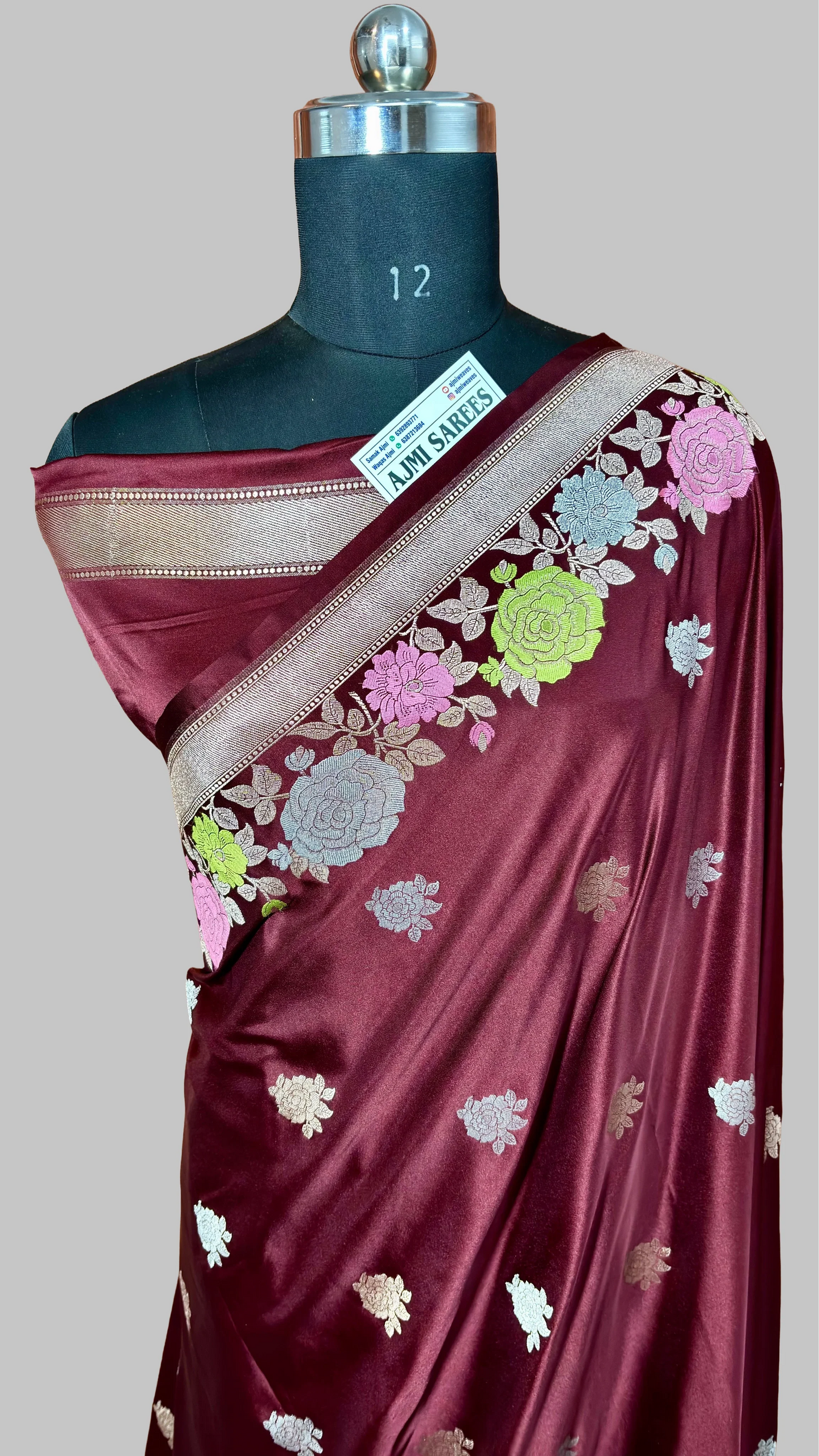 Mashru Katan Silk Banarasi Saree in Wine Maroon with Meenakari Flowers