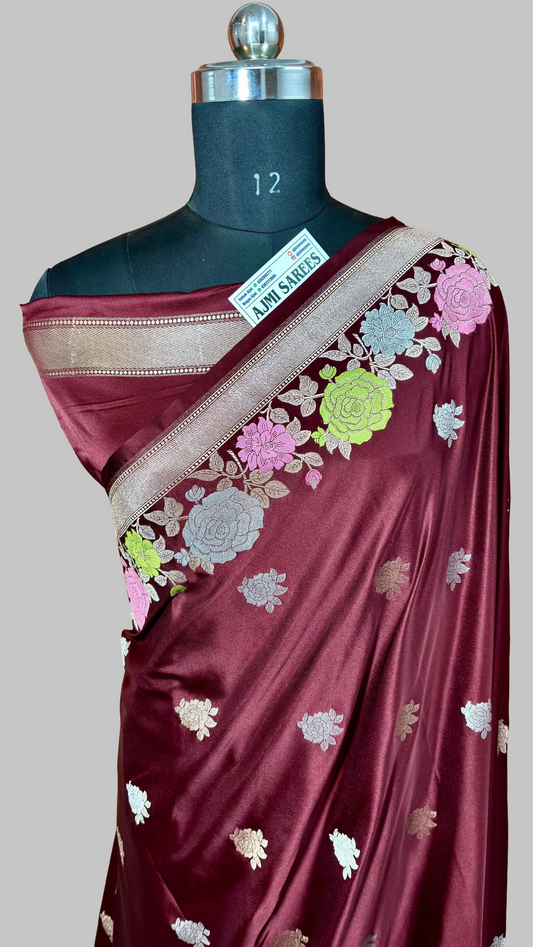 Mashru Katan Silk Banarasi Saree in Wine Maroon with Meenakari Flowers