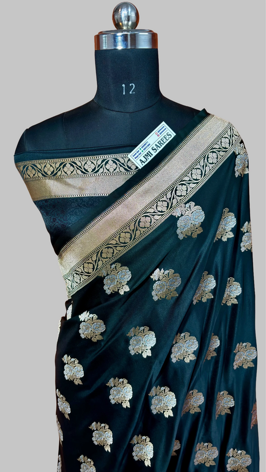 Elegant Black Mashru Katan Silk Banarasi Saree Featuring All-Over Sona Rupa Boota Banarasi Saree