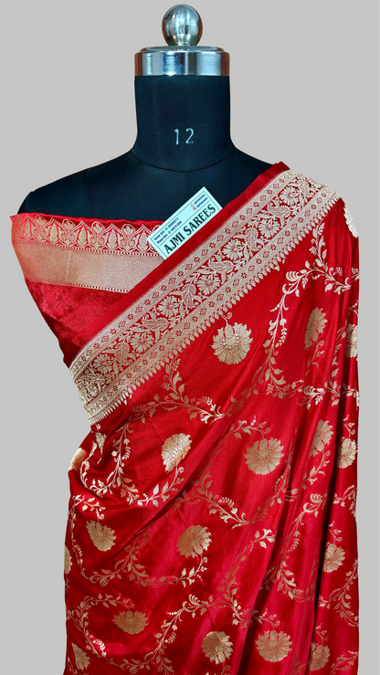 Red Mashru Katan Silk Banarasi Bridal Saree with Floral Jaal Design Bridal Saree
