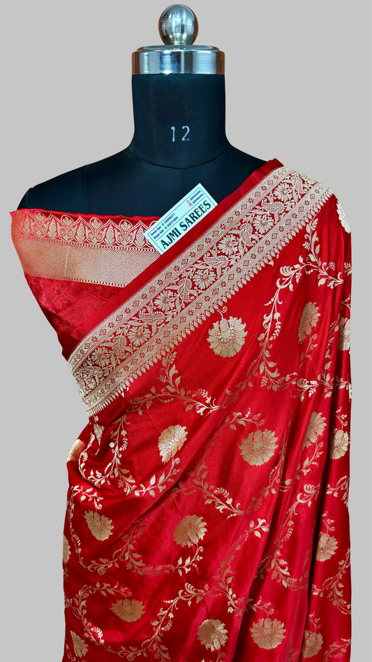 Red Mashru Katan Silk Banarasi Bridal Saree with Floral Jaal Design Bridal Saree