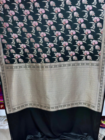 Classic Black Mashru Katan Silk Banarasi Saree with Traditional Jangla Motifs Banarasi Saree