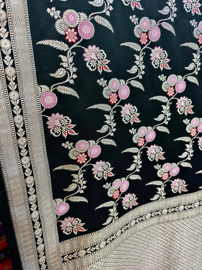Classic Black Mashru Katan Silk Banarasi Saree with Traditional Jangla Motifs Banarasi Saree