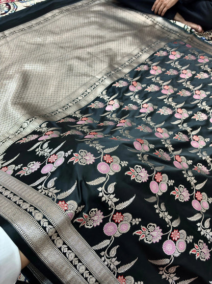 Classic Black Mashru Katan Silk Banarasi Saree with Traditional Jangla Motifs Banarasi Saree
