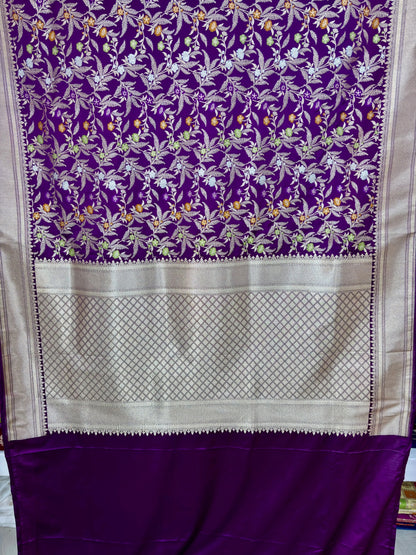 Mashru Katan Silk Banarasi Meenakari Saree with Multicolor Floral Jangla & Rich Zari Border Banarasi Saree