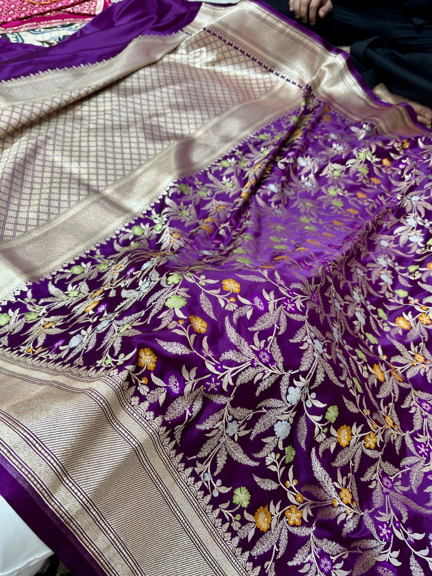 Mashru Katan Silk Banarasi Meenakari Saree with Multicolor Floral Jangla & Rich Zari Border Banarasi Saree