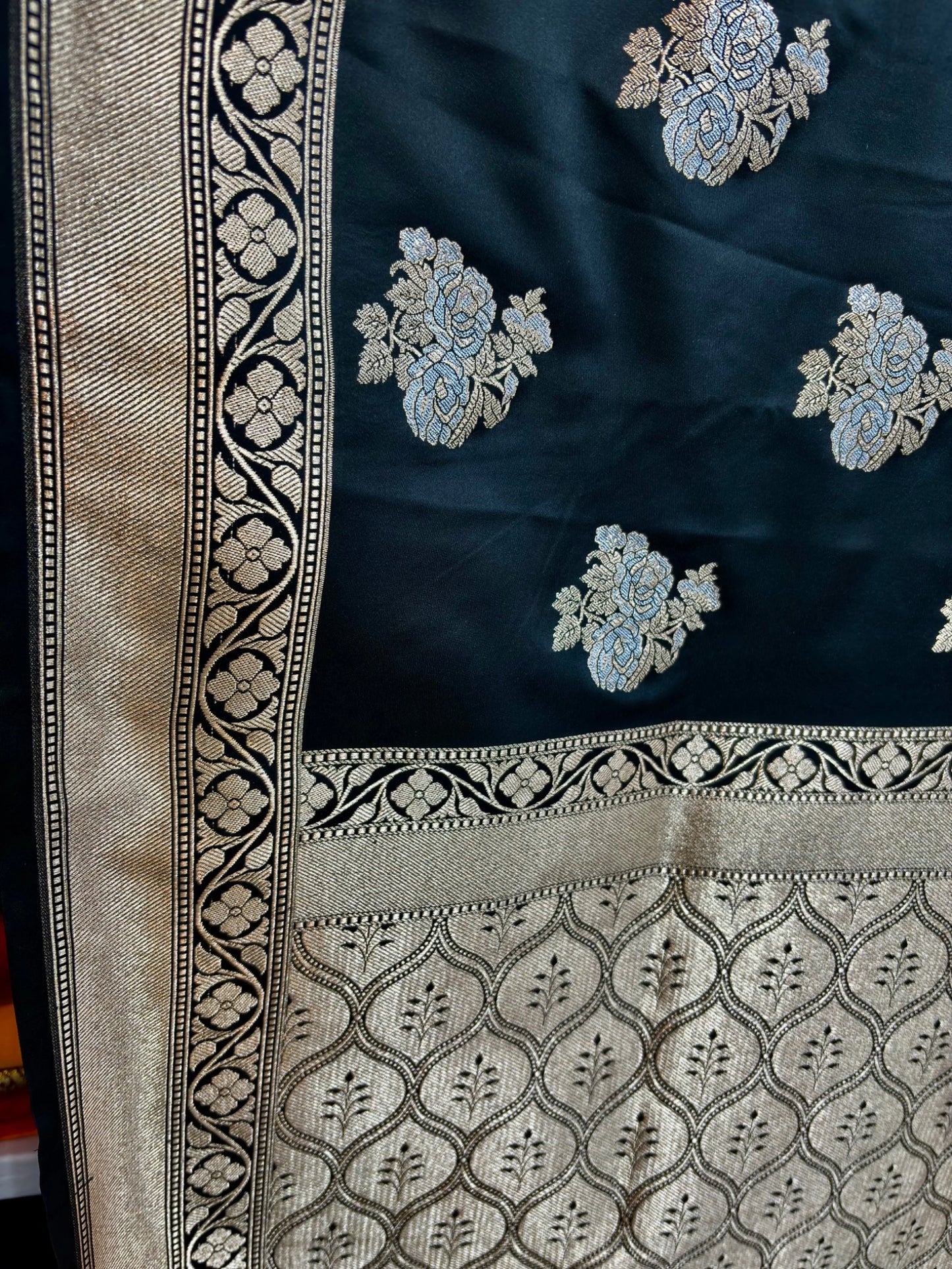 Elegant Black Mashru Katan Silk Banarasi Saree Featuring All-Over Sona Rupa Boota Banarasi Saree