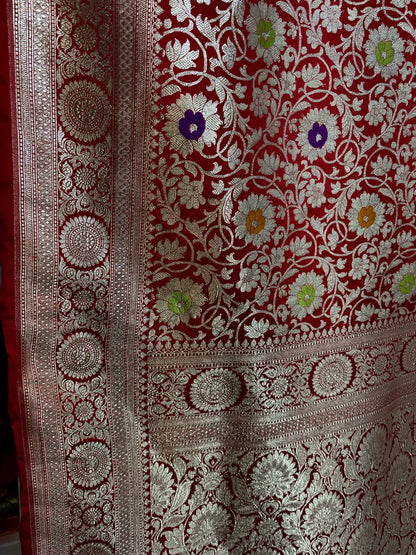 Traditional Bridal Red Mashru Katan Silk Banarasi Saree with Floral Motifs Bridal Saree
