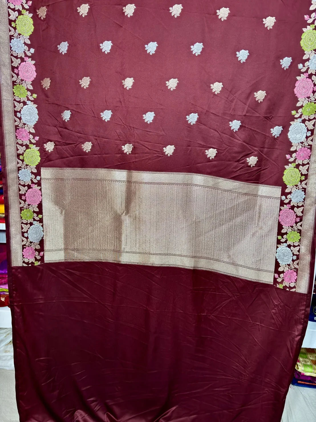 Mashru Katan Silk Banarasi Saree in Wine Maroon with Meenakari Flowers