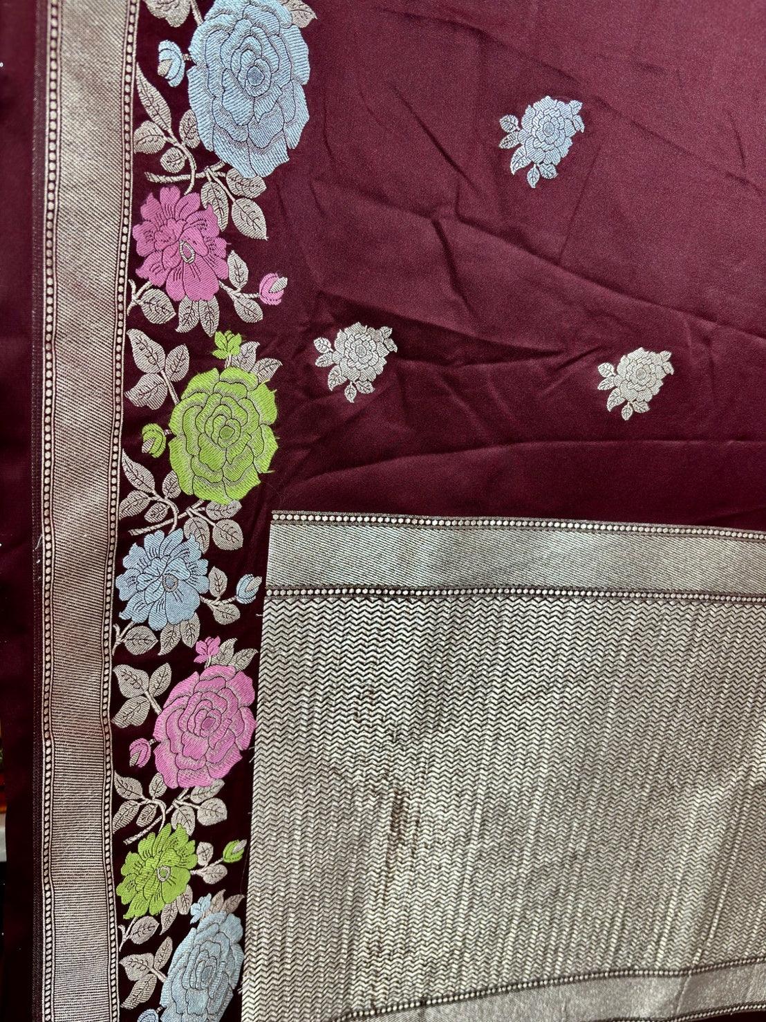 Mashru Katan Silk Banarasi Saree in Wine Maroon with Meenakari Flowers