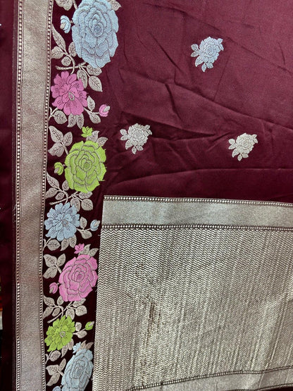 Mashru Katan Silk Banarasi Saree in Wine Maroon with Meenakari Flowers