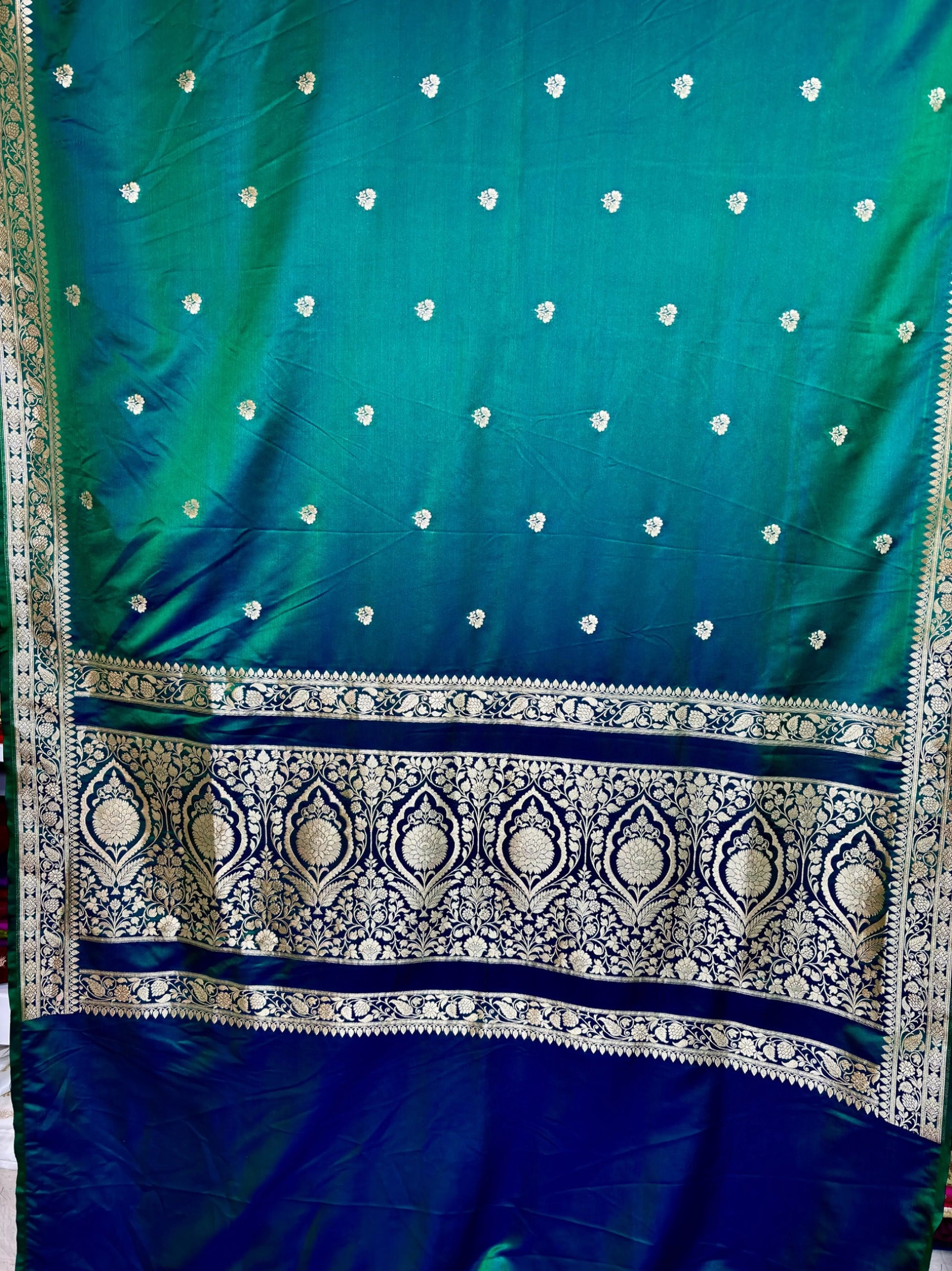 Dual Shade Mashru Katan Silk Banarasi Saree with Gold Zari Motifs Banarasi Saree