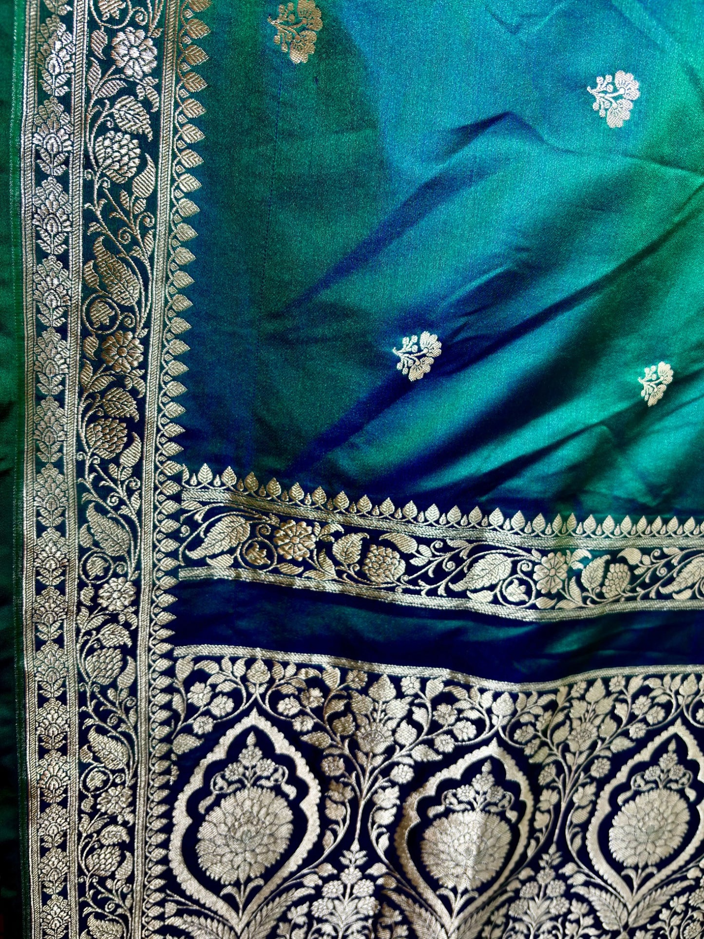 Dual Shade Mashru Katan Silk Banarasi Saree with Gold Zari Motifs Banarasi Saree