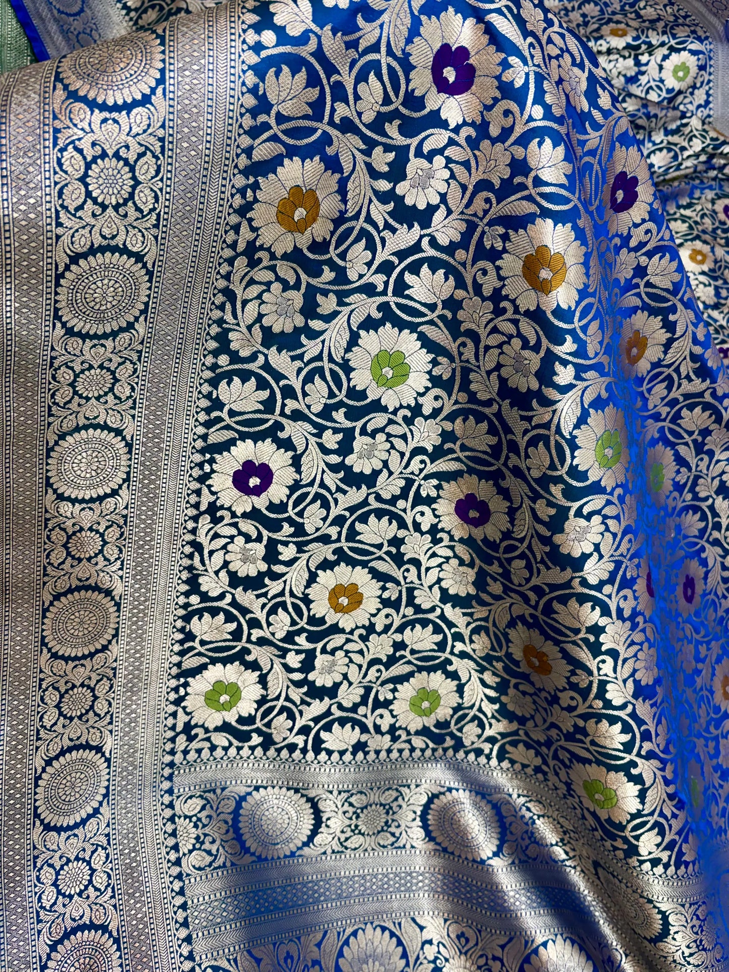 Green & Royal Blue Dual Tone Mashru Katan Silk Banarasi Saree Banarasi Saree