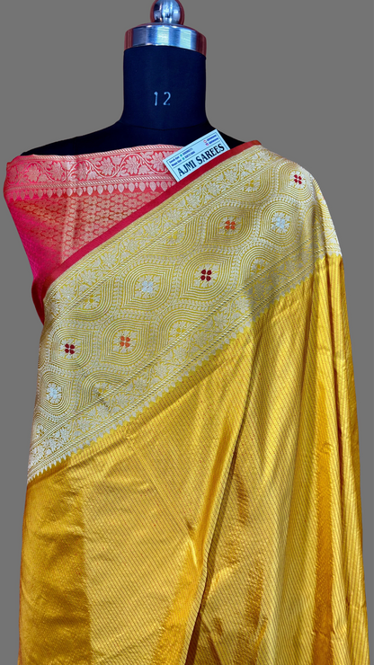 100% Pure Katan Silk Handloom Kadwa Banarasi Saree with Fine Stripes Pure Katan Silk Banarasi Saree