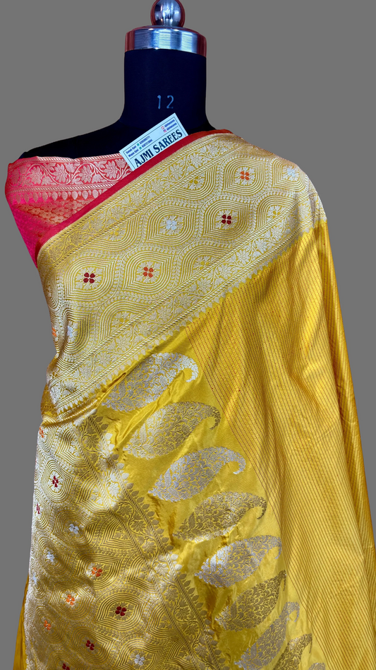 100% Pure Katan Silk Handloom Kadwa Banarasi Saree with Fine Stripes Pure Katan Silk Banarasi Saree