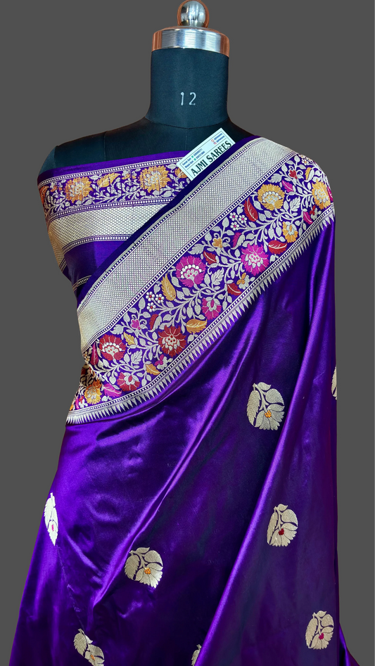 100% Pure Katan Silk Handloom Kadwa Tilfi Banarasi Saree - All over Meenakari Boota Pure Katan Silk Banarasi Saree