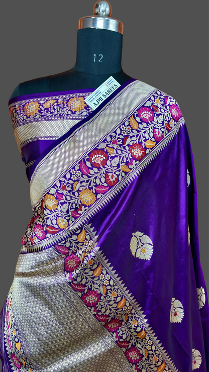 100% Pure Katan Silk Handloom Kadwa Tilfi Banarasi Saree - All over Meenakari Boota Pure Katan Silk Banarasi Saree