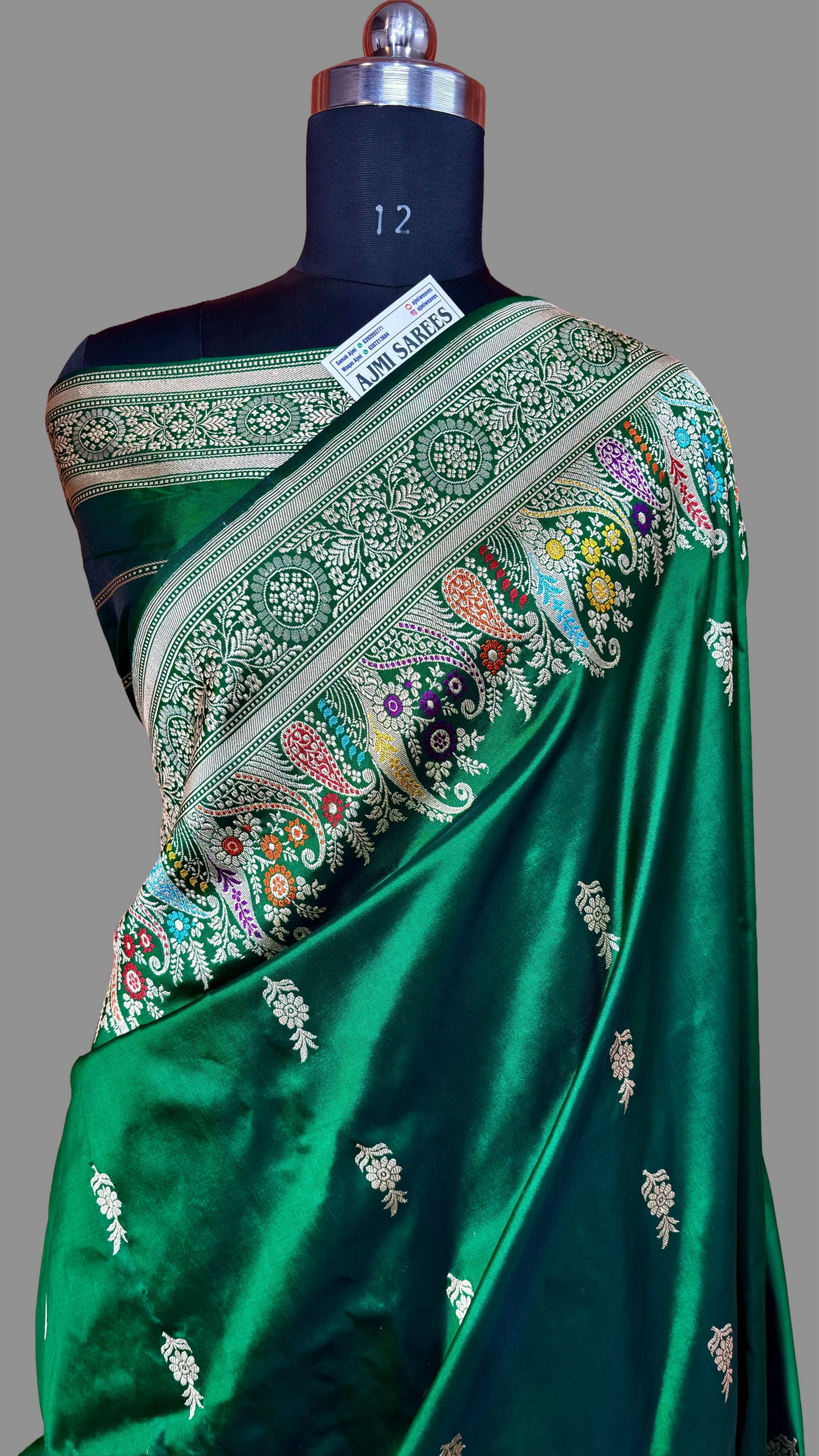 100% Pure Katan Silk Handloom Kadwa Banarasi Saree in Emerald Green With Meenakari Border Pure Katan Silk Banarasi Saree