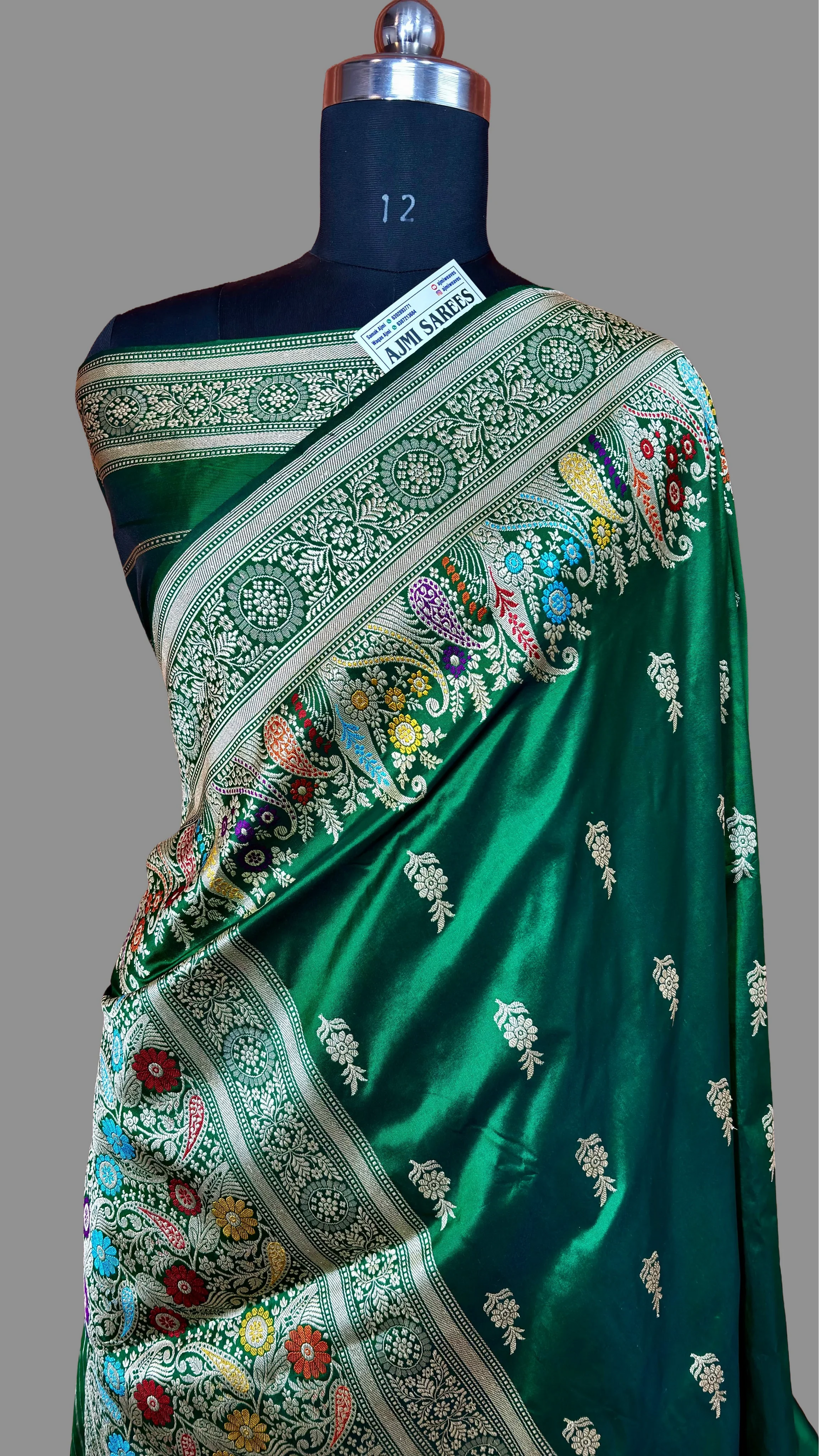 100% Pure Katan Silk Handloom Kadwa Banarasi Saree in Emerald Green With Meenakari Border Pure Katan Silk Banarasi Saree