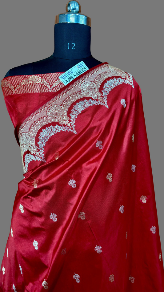 100% Pure Katan Silk Handloom Kadwa Banarasi Saree - All Over Sona Rupa Motifs Pure Katan Silk Banarasi Saree