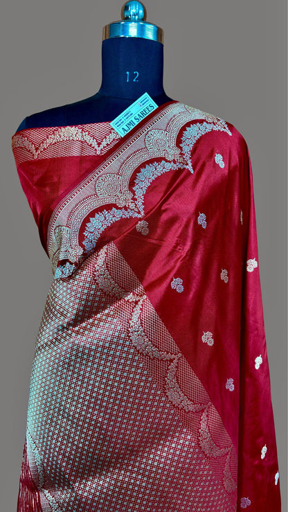 100% Pure Katan Silk Handloom Kadwa Banarasi Saree - All Over Sona Rupa Motifs Pure Katan Silk Banarasi Saree