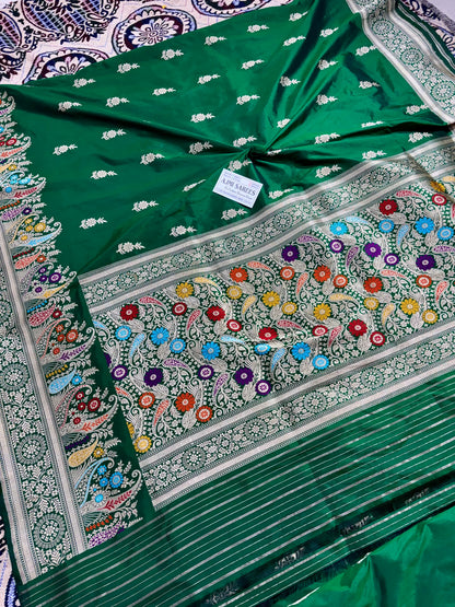 100% Pure Katan Silk Handloom Kadwa Banarasi Saree in Emerald Green With Meenakari Border Pure Katan Silk Banarasi Saree