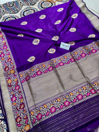 100% Pure Katan Silk Handloom Kadwa Tilfi Banarasi Saree - All over Meenakari Boota Pure Katan Silk Banarasi Saree