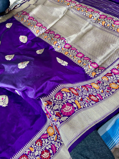 100% Pure Katan Silk Handloom Kadwa Tilfi Banarasi Saree - All over Meenakari Boota Pure Katan Silk Banarasi Saree