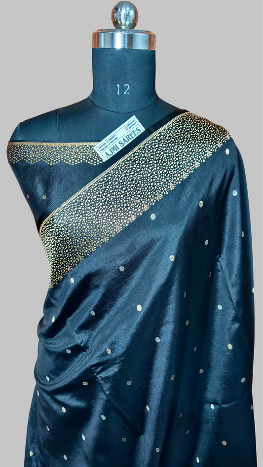 Classic Black 100% Pure Mango Silk Handloom Banarasi Saree All Over Kadwa Motifs Pure Mango Silk Banarasi Sarees