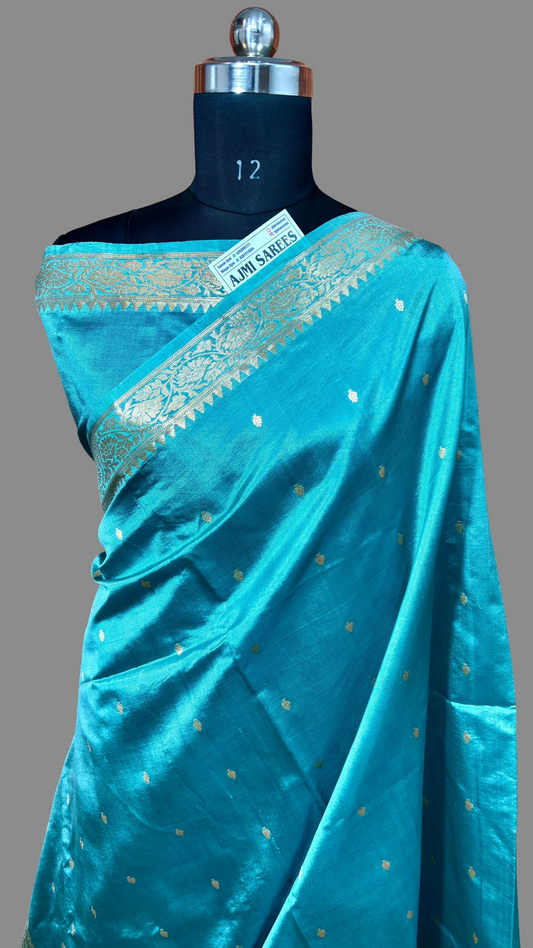 Sea Green 100% Pure Mango Silk Handloom Banarasi Saree with All-Over Kadwa Motifs Pure Mango Silk Banarasi Sarees