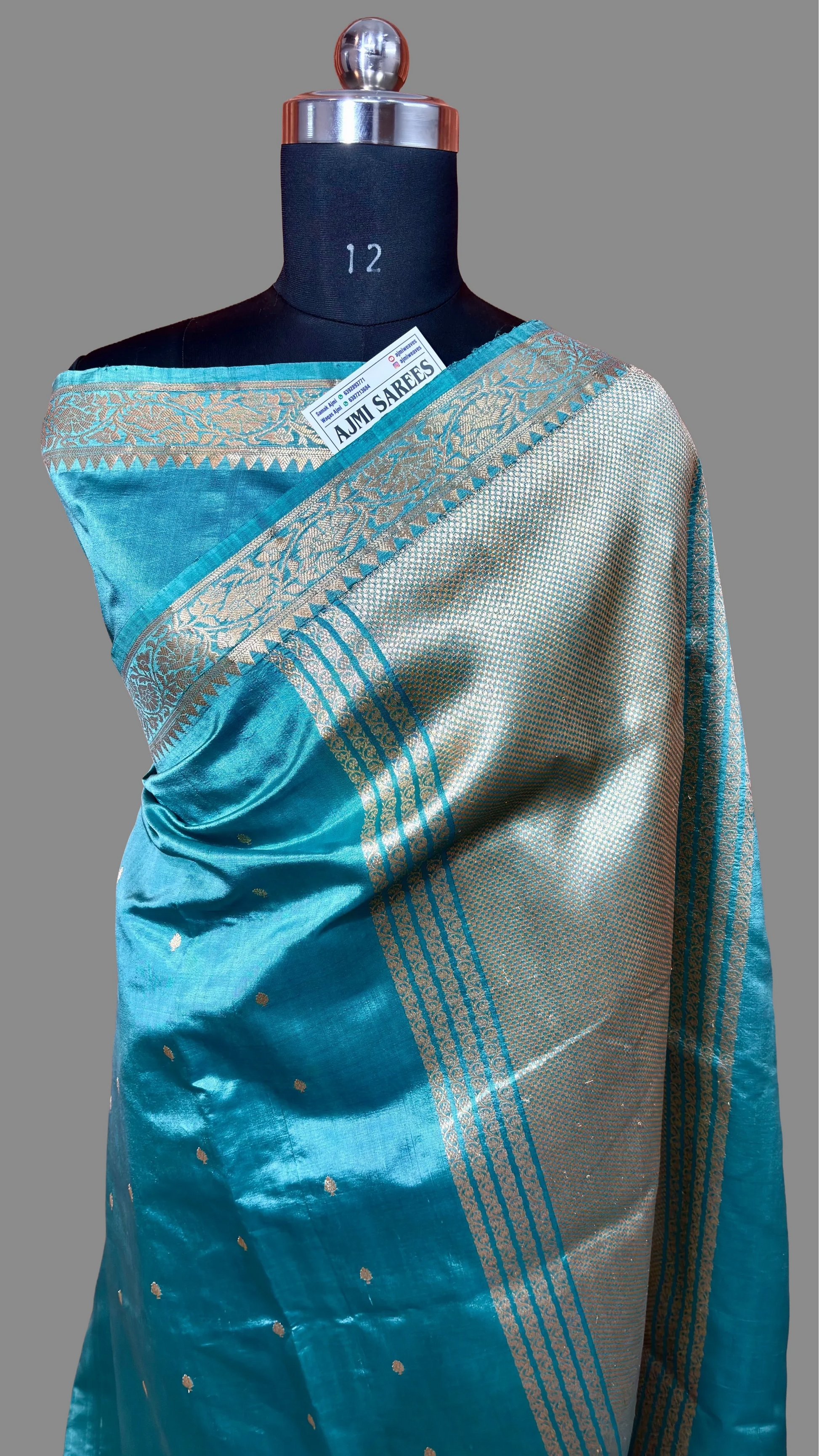 Sea Green 100% Pure Mango Silk Handloom Banarasi Saree with All-Over Kadwa Motifs Pure Mango Silk Banarasi Sarees