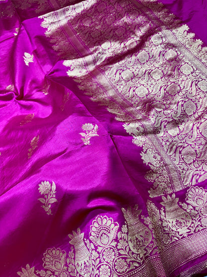 Rani Colour 100% Pure Mango Silk Handloom Banarasi Saree with All-Over Kadwa Motifs Pure Mango Silk Banarasi Sarees