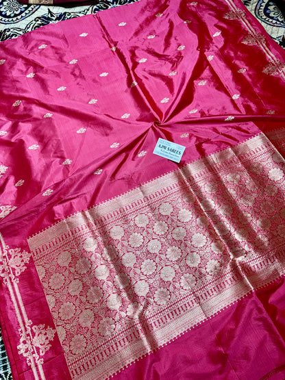 Strawberry Colour 100% Pure Katan Silk Handloom Banarasi Saree with All-Over Kadwa Motifs Pure Katan Silk Banarasi Saree