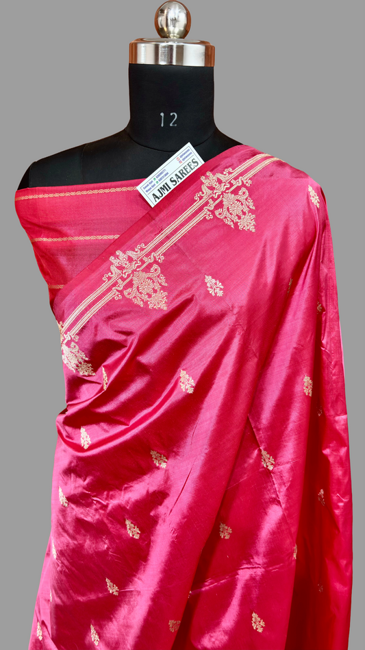 Strawberry Colour 100% Pure Katan Silk Handloom Banarasi Saree with All-Over Kadwa Motifs Pure Katan Silk Banarasi Saree