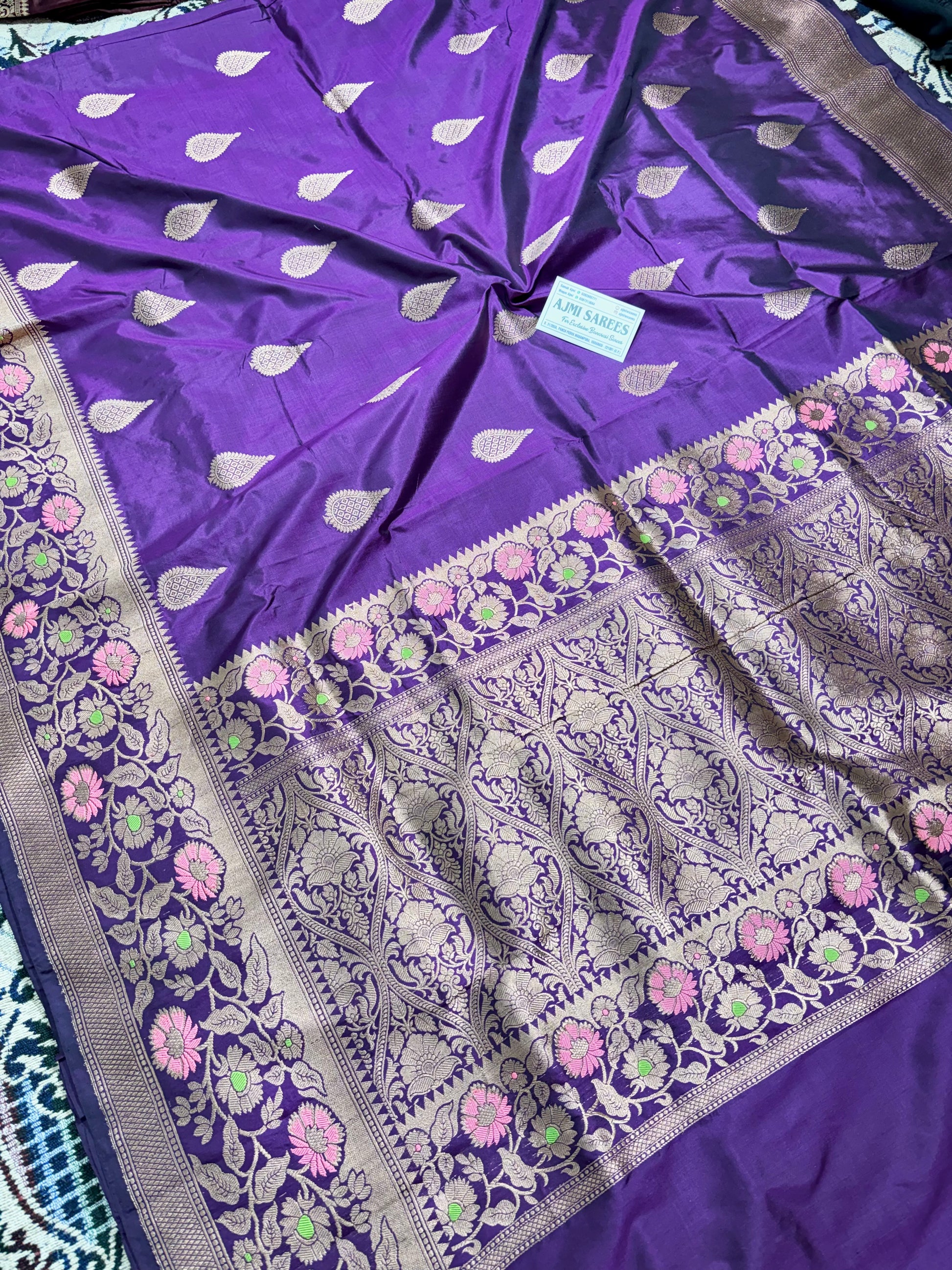 Magenta 100% Pure Katan Silk Handloom Banarasi Saree with Meenakari Border & All-Over Kadwa Boota Pure Katan Silk Banarasi Saree